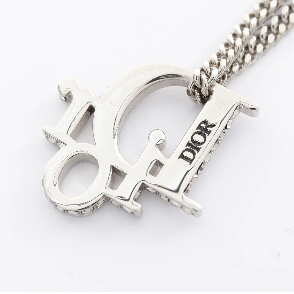 Christian Dior Oblique Pendant Necklace Silver Tone Brass Crystals Y2K Authentic - Picture 2 of 6